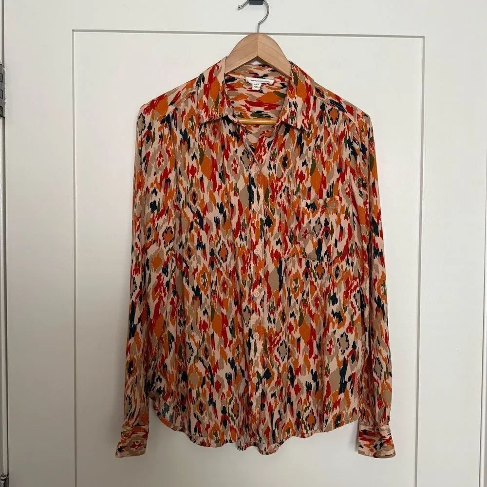 Beach Lunch Lounge Shirt Blouse Womens Sz M Orange Button Up Abstract Artsy Boho